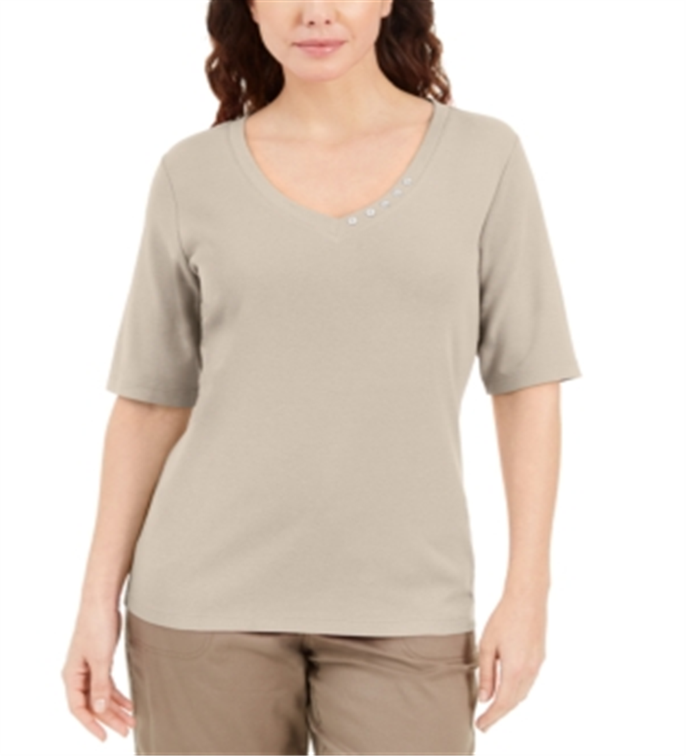 Karen Scott Blusa Feminina com Detalhe de Botão e Gola V Marrom Tamanho XS