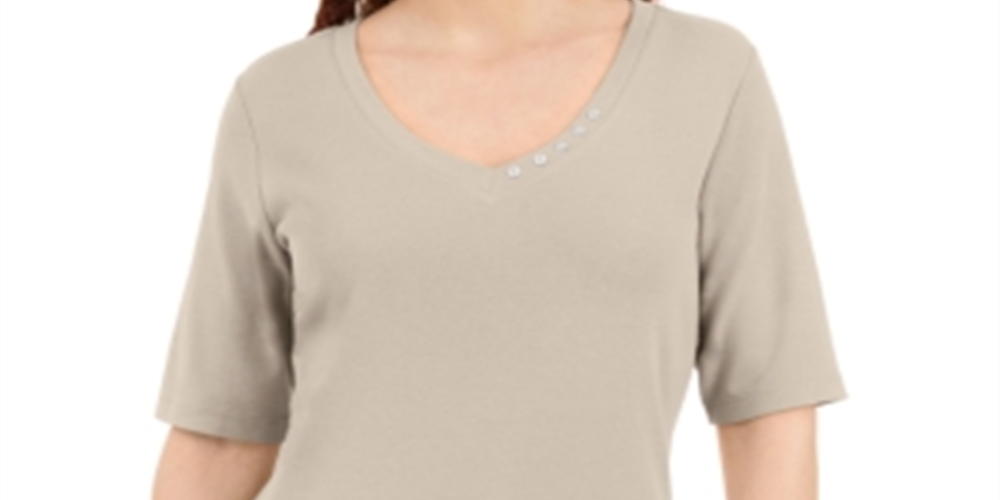 Karen Scott Blusa Feminina com Detalhe de Botão e Gola V Marrom Tamanho XS