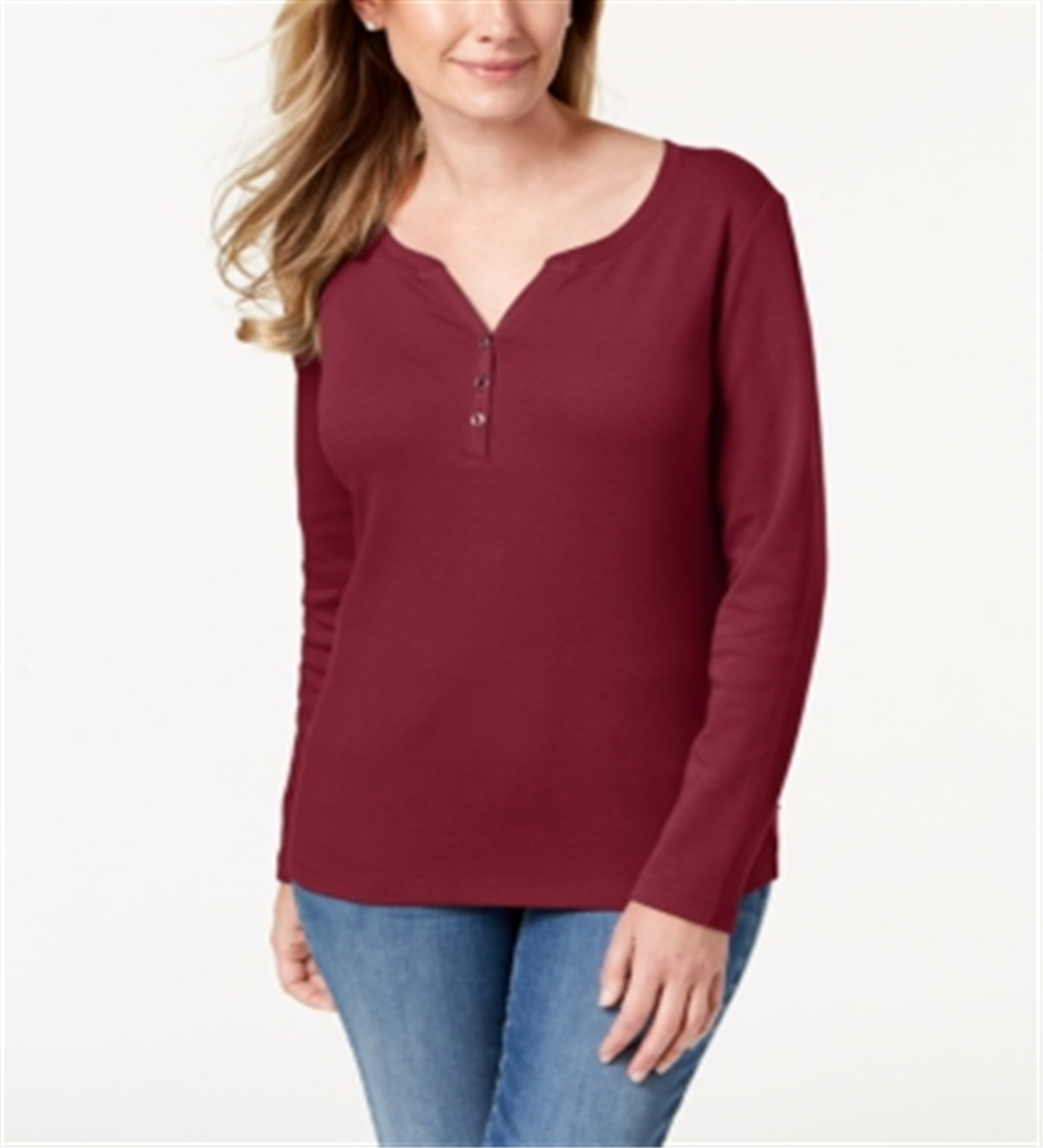 Karen Scott Blusa Feminina de Algodão com Gola Henley Vermelha Tamanho Pequeno Pequeno