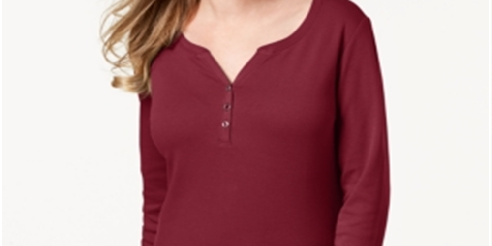 Karen Scott Blusa Feminina de Algodão com Gola Henley Vermelha Tamanho Pequeno Pequeno