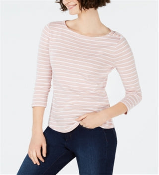 Charter Club Blusa feminina listrada de algodão com decote canoa, rosa, tamanho pequeno médio