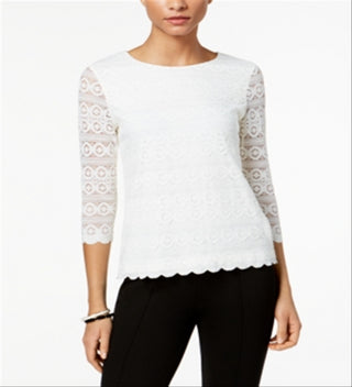 Top feminino de renda com manga 3/4 Charter Club, branco, tamanho pequeno e pequeno