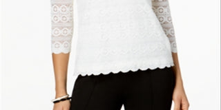 Top feminino de renda com manga 3/4 Charter Club, branco, tamanho pequeno e pequeno