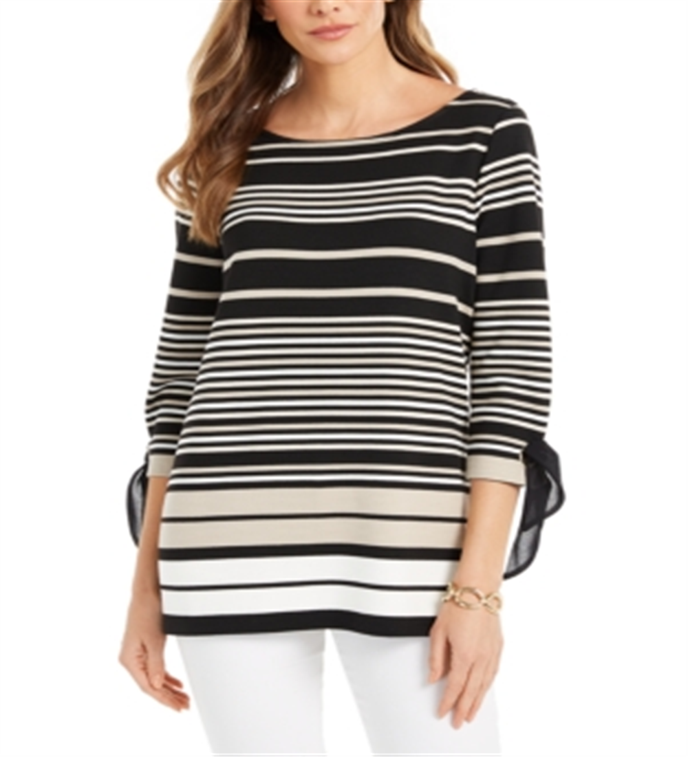 Blusa feminina listrada com manga amarrada Charter Club, preta, tamanho pequeno