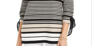 Blusa feminina listrada com manga amarrada Charter Club, preta, tamanho pequeno