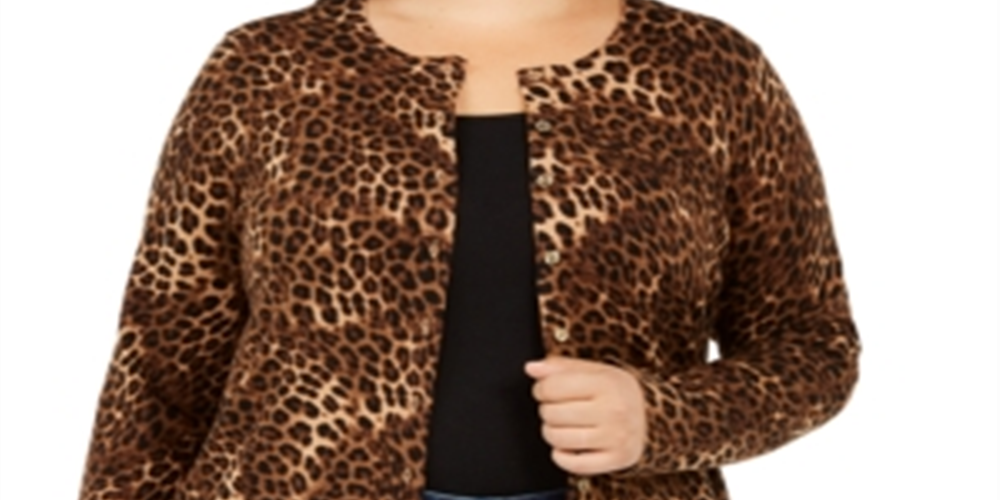 Cardigan feminino plus size com estampa animal Charter Club, cinza, leopardo, tamanho 0X