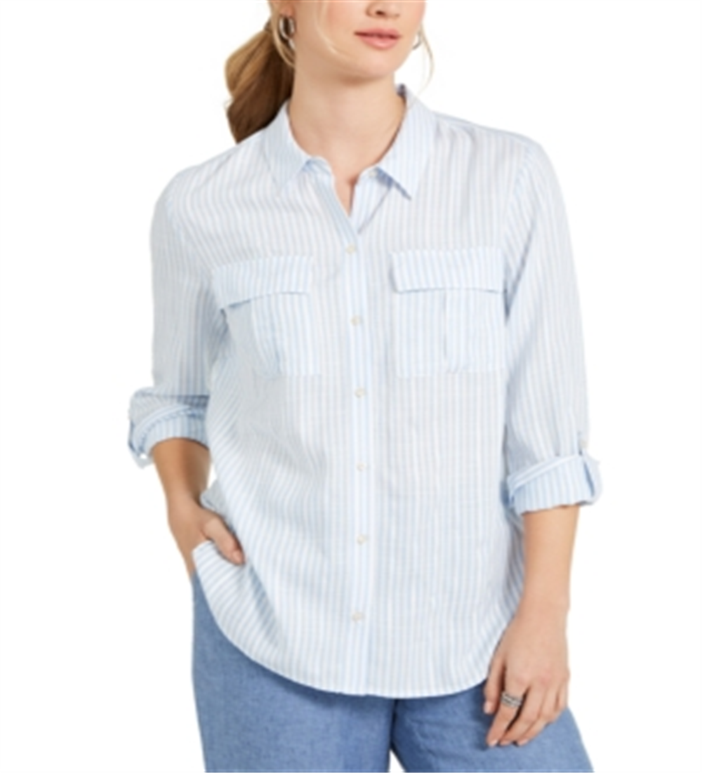 Blusa listrada feminina Charter Club, azul, tamanho pequeno, médio