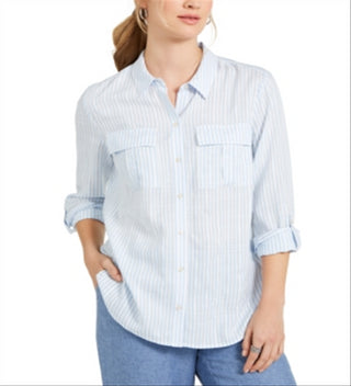 Blusa listrada feminina Charter Club, azul, tamanho pequeno, médio