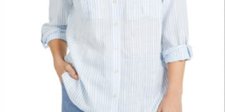 Blusa listrada feminina Charter Club, azul, tamanho pequeno, médio