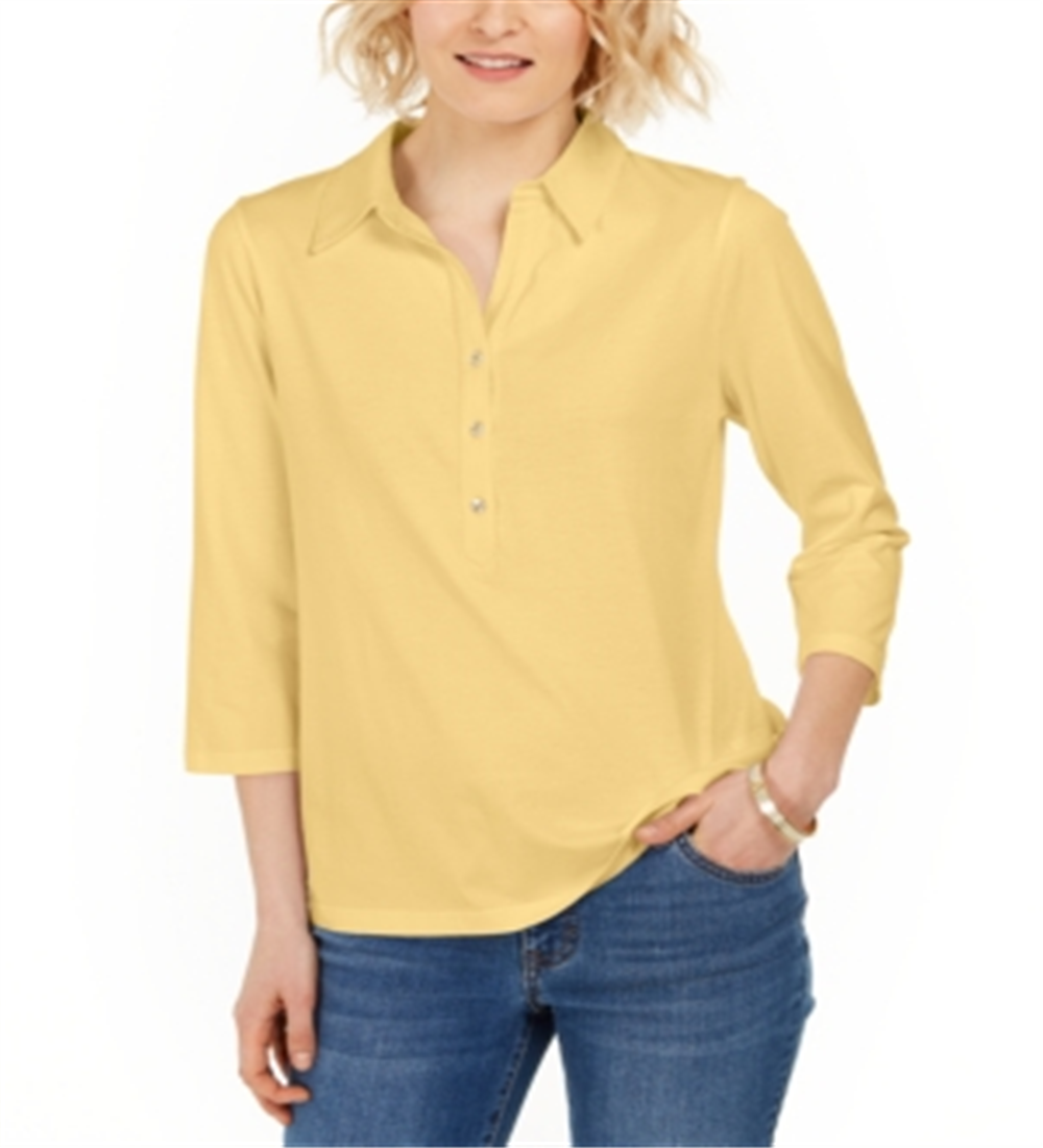 Camisa polo feminina Charter Club Supima Cotton manga 3/4 amarela tamanho XS