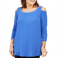 JM Collection Top Feminino com Ombros De fora e Enfeites Azul Tamanho Grande