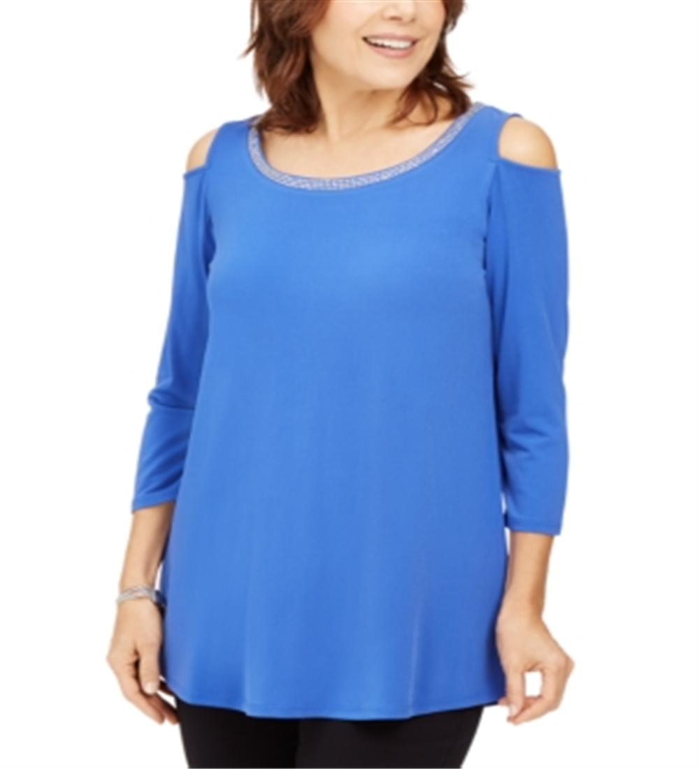 JM Collection Top Feminino com Ombros De fora e Enfeites Azul Tamanho Grande