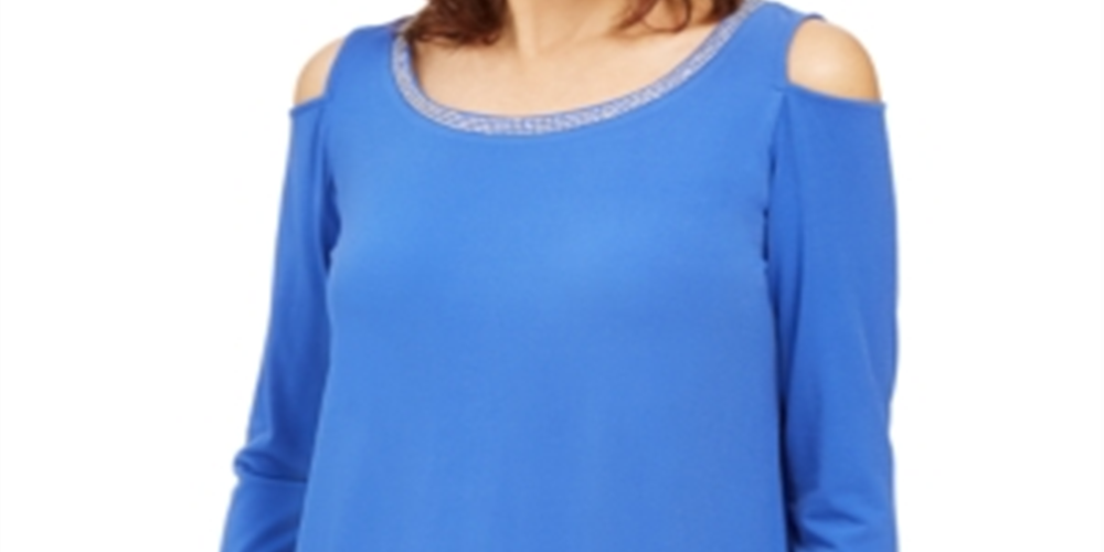 JM Collection Top Feminino com Ombros De fora e Enfeites Azul Tamanho Grande