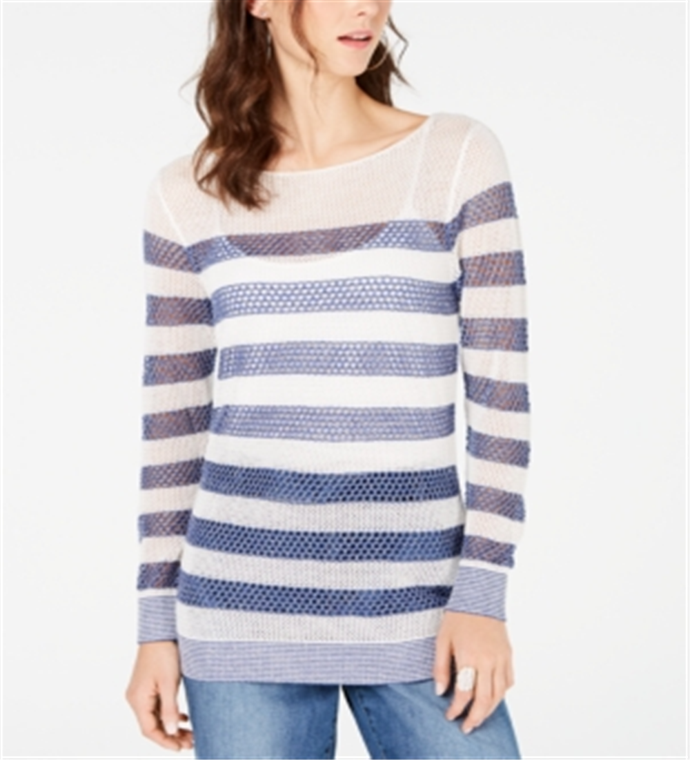 Suéter listrado com ponto aberto feminino INC International Concepts, branco e azul, tamanho pequeno G