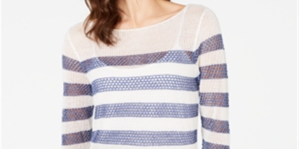 Suéter listrado com ponto aberto feminino INC International Concepts, branco e azul, tamanho pequeno G
