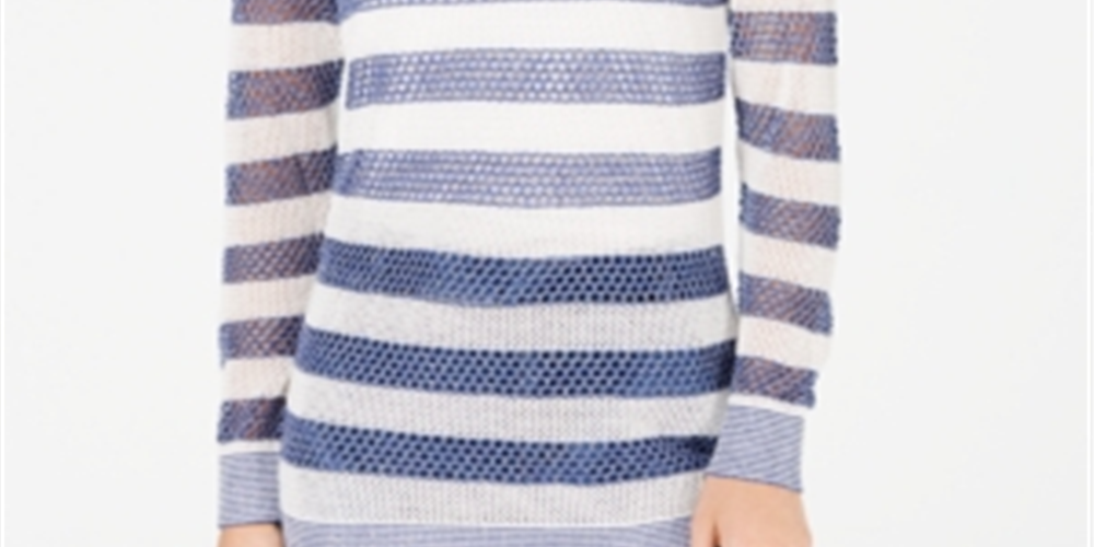 Suéter listrado com ponto aberto feminino INC International Concepts, branco e azul, tamanho pequeno G