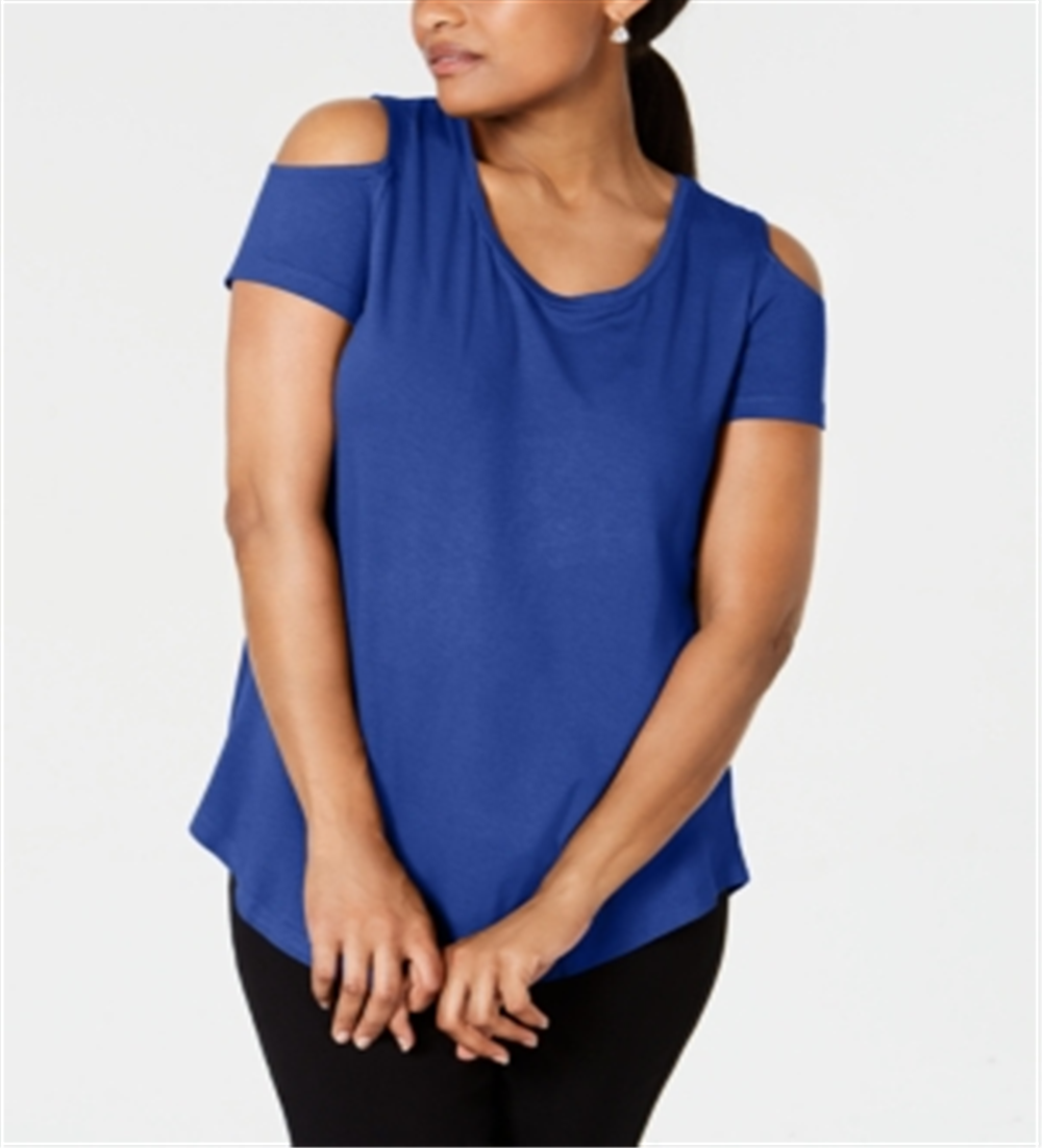 Camiseta feminina JM Collection com ombros descobertos e manga curta, azul, tamanho pequeno