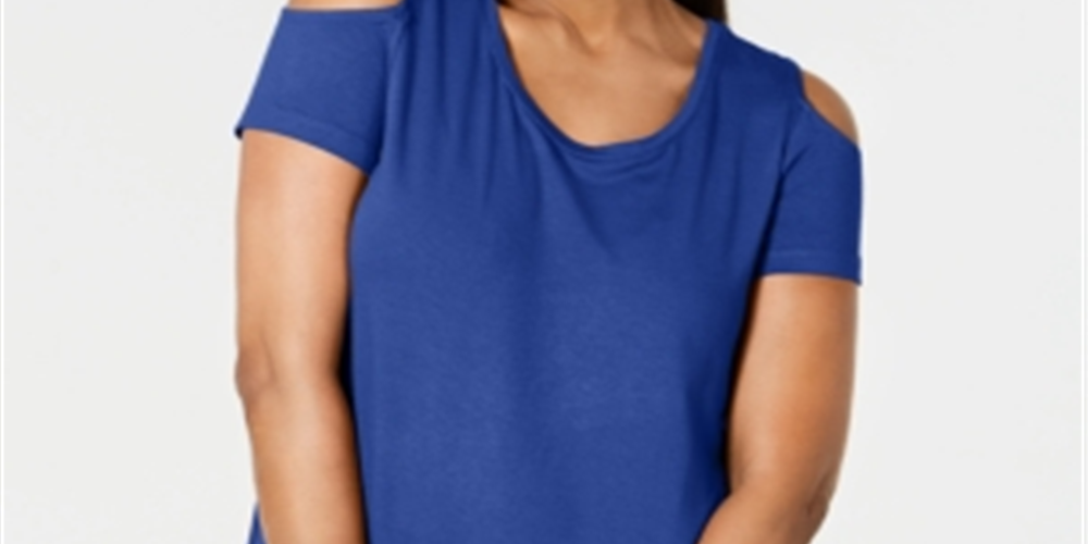Camiseta feminina JM Collection com ombros descobertos e manga curta, azul, tamanho pequeno