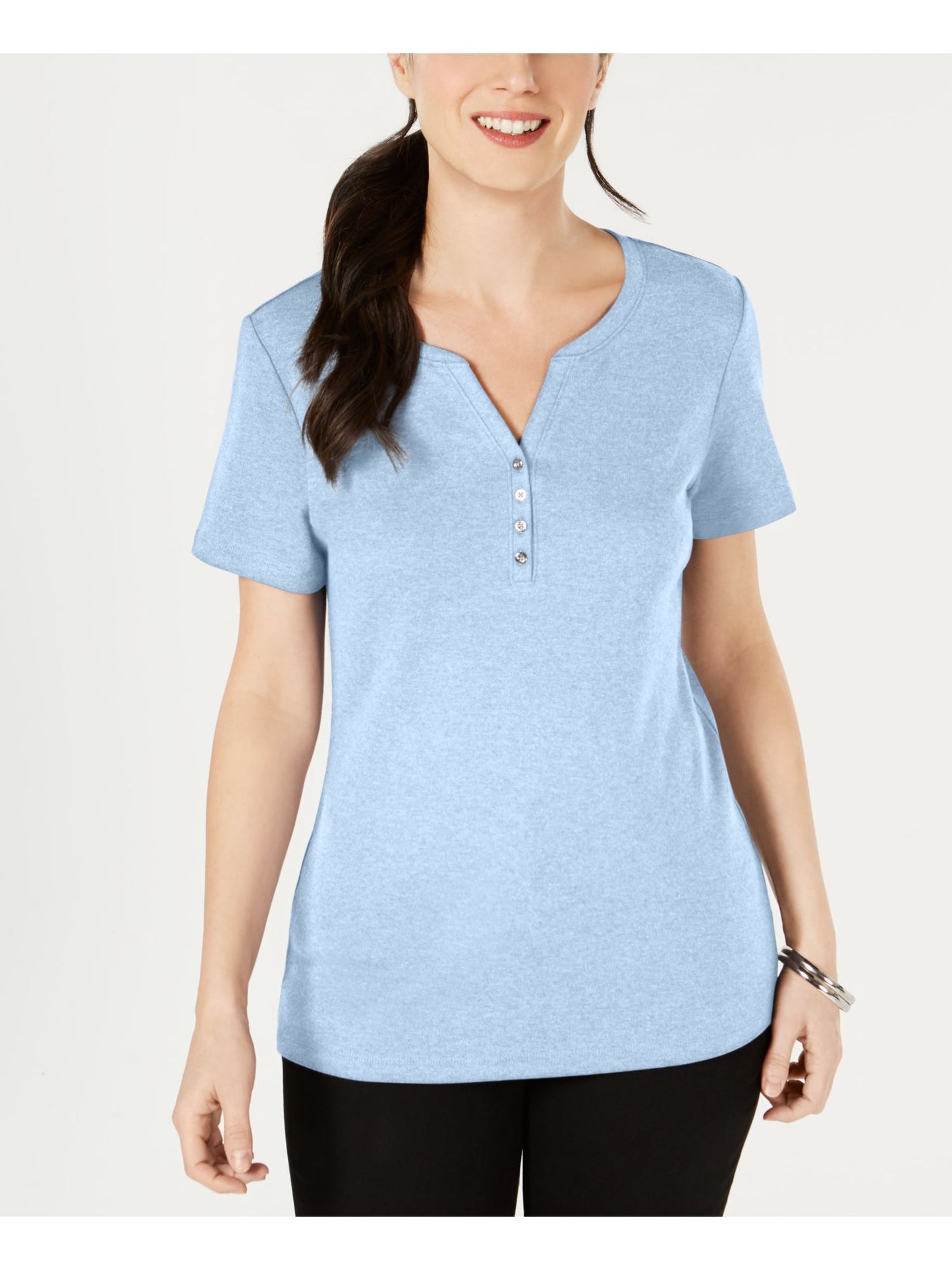 Karen Scott Top Henley de manga curta feminino azul tamanho grande