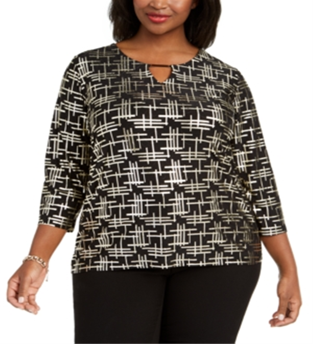 JM Collection Top Feminino Plus Size Estampado Jacquard Preto - Dourado Tamanho 0X