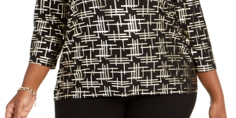 JM Collection Top Feminino Plus Size Estampado Jacquard Preto - Dourado Tamanho 0X