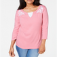 Blusa feminina Karen Scott de algodão bordado com camadas, rosa, tamanho médio