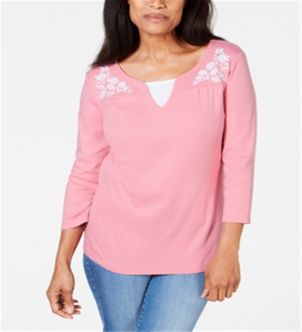 Blusa feminina Karen Scott de algodão bordado com camadas, rosa, tamanho médio