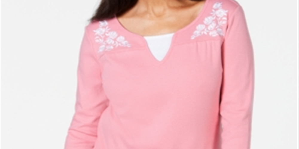 Blusa feminina Karen Scott de algodão bordado com camadas, rosa, tamanho médio