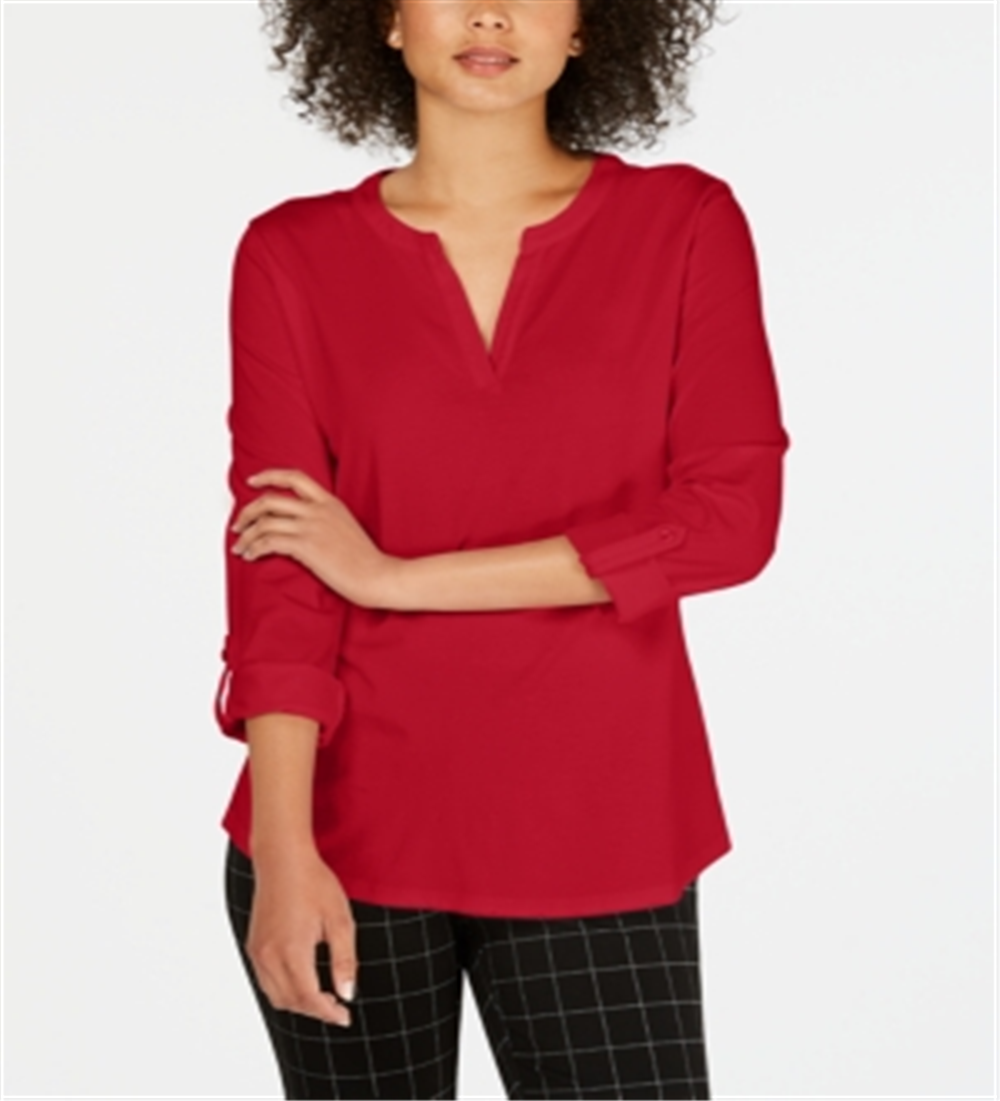 Charter Club Supima Cotton Top Feminino com Gola Dividida, Vermelho, Tamanho XX-G