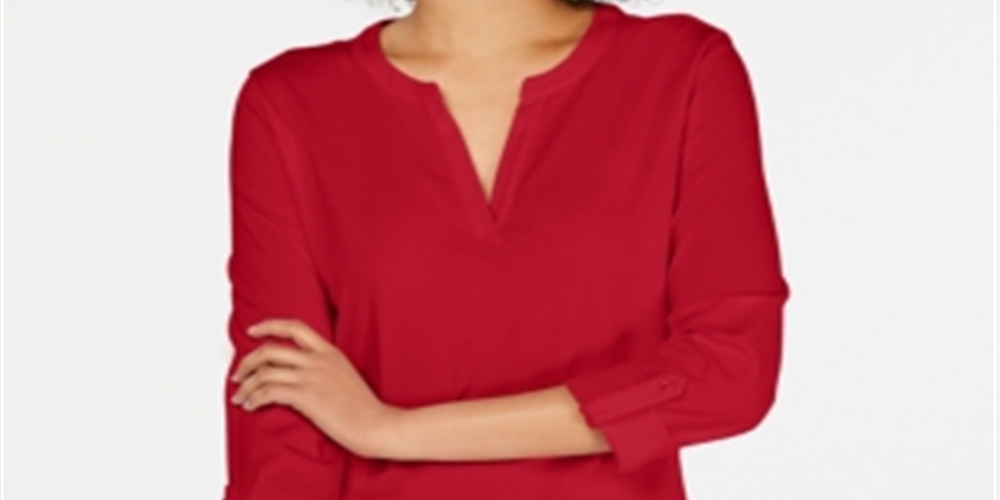 Charter Club Supima Cotton Top Feminino com Gola Dividida, Vermelho, Tamanho XX-G