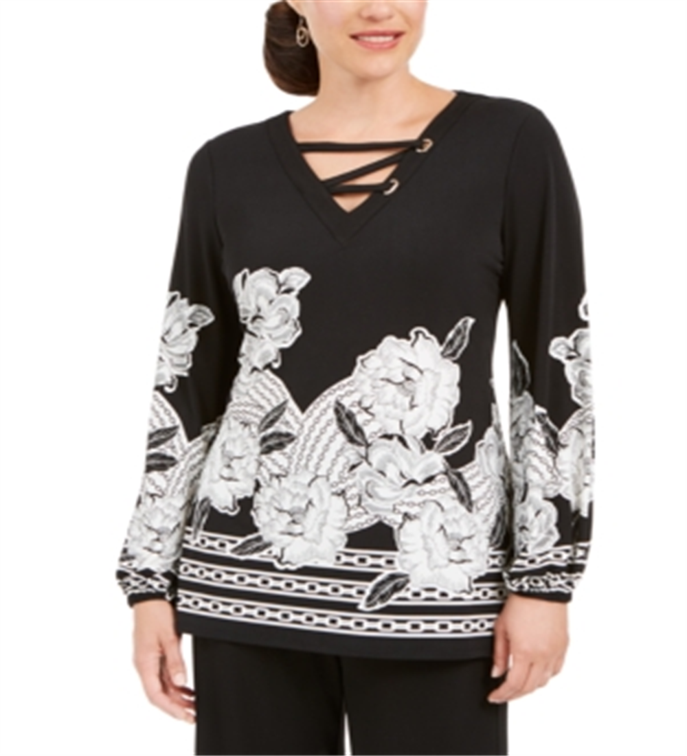 JM Collection Top Feminino com Renda e Gola Alta, Preto, Tamanho Médio