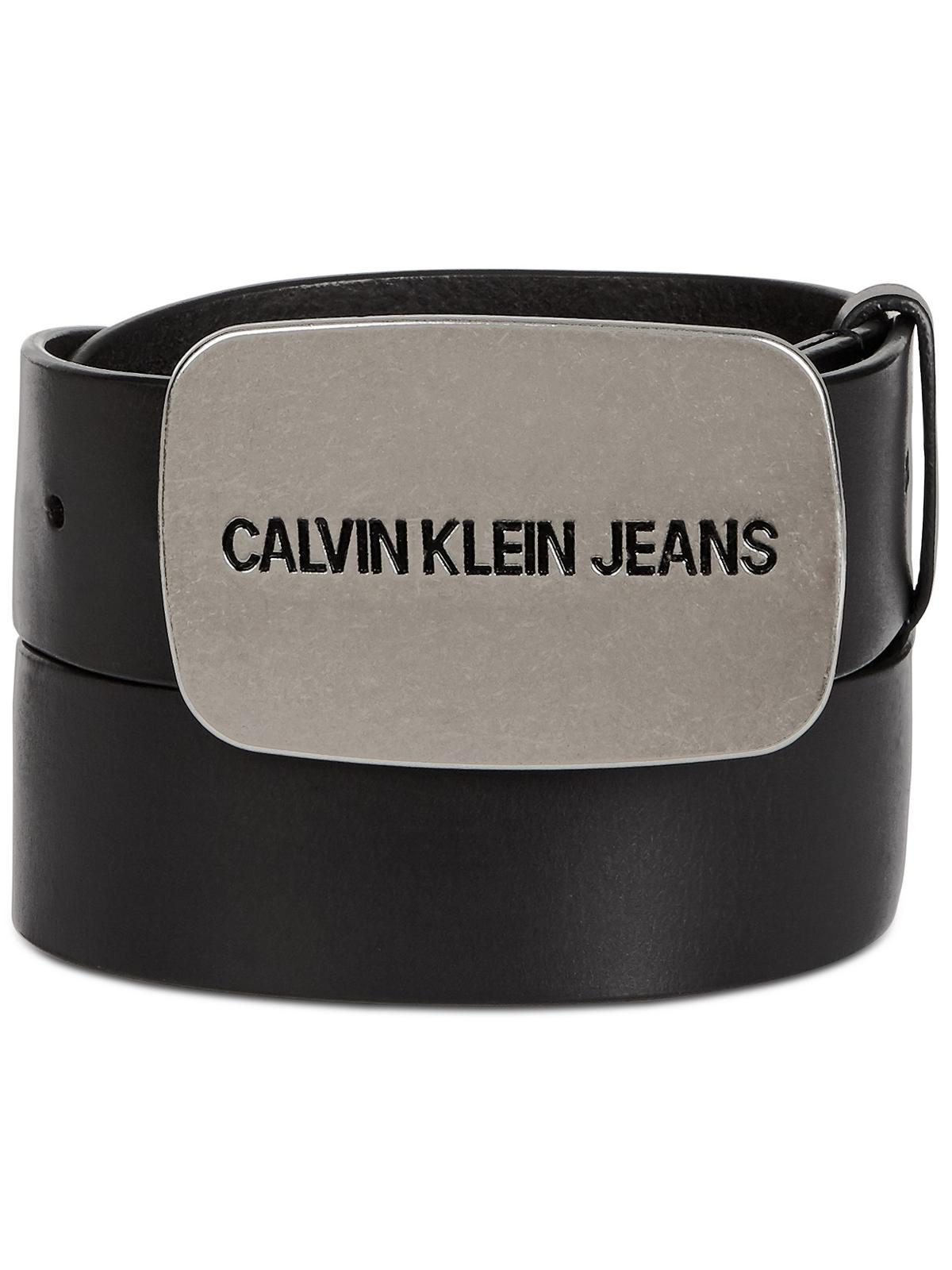 Cinto de couro com fivela de placa Calvin Klein masculino, preto, tamanho 30