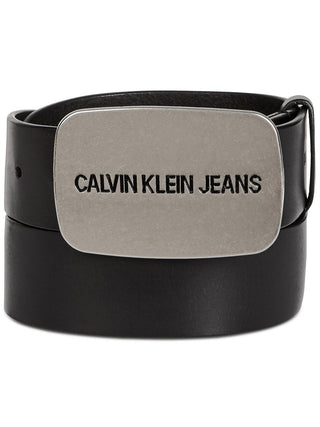 Cinto de couro com fivela de placa Calvin Klein masculino, preto, tamanho 30