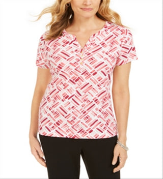 Karen Scott Blusa Henley Feminina Estampada Manga Curta Laranja Tamanho Médio