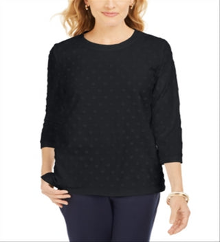 Karen Scott Top esportivo feminino texturizado com bolinhas e manga 3/4, preto, tamanho pequeno