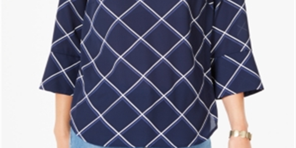 Top feminino estampado Charter Club com manga 3/4, azul, tamanho pequeno