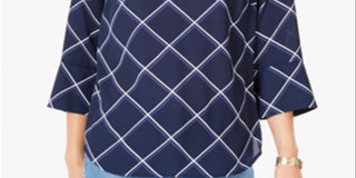 Top feminino estampado Charter Club com manga 3/4, azul, tamanho pequeno