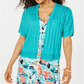 Cardigan feminino com estampa de Pointelle e frente aberta, azul, tamanho grande