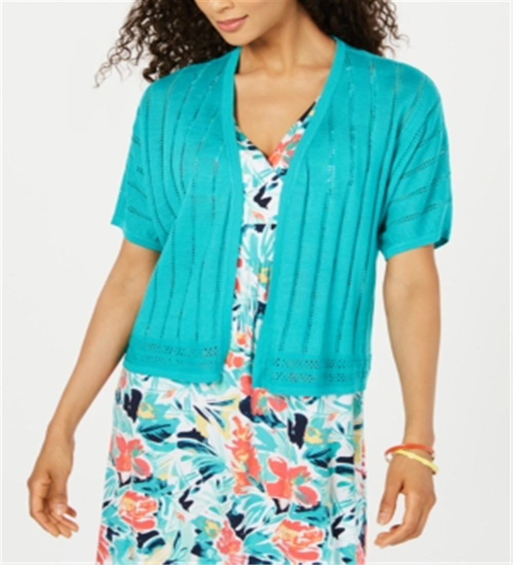Cardigan feminino com estampa de Pointelle e frente aberta, azul, tamanho grande