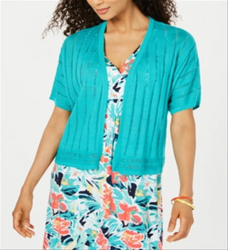 Cardigan feminino com estampa de Pointelle e frente aberta, azul, tamanho grande