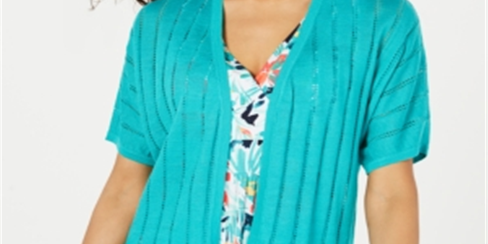 Cardigan feminino com estampa de Pointelle e frente aberta, azul, tamanho grande