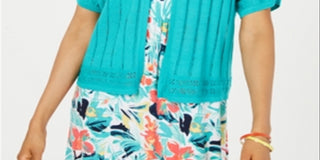 Cardigan feminino com estampa de Pointelle e frente aberta, azul, tamanho grande