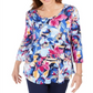 Camiseta feminina estampada Ascension Flora com manga 3/4, tamanho XS, azul, da coleção JM