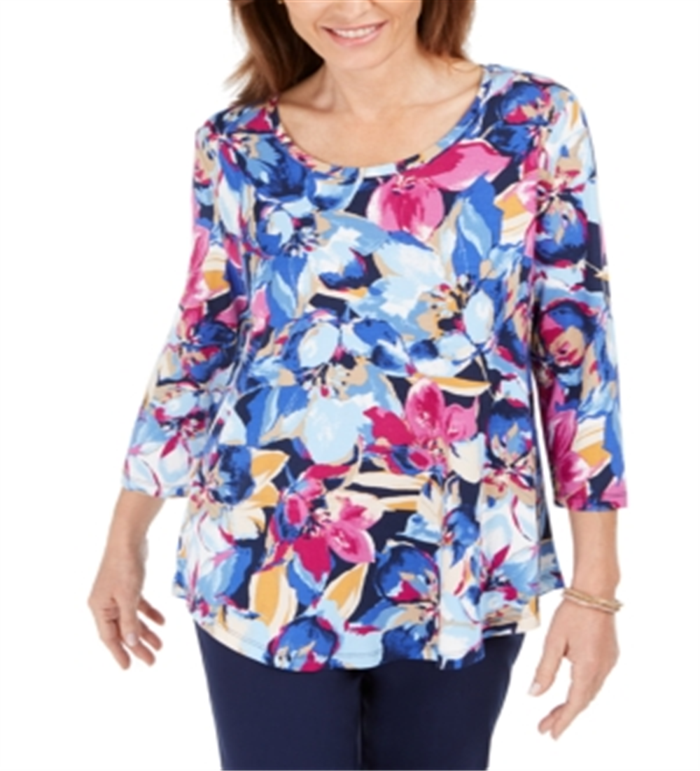 Camiseta feminina estampada Ascension Flora com manga 3/4, tamanho XS, azul, da coleção JM