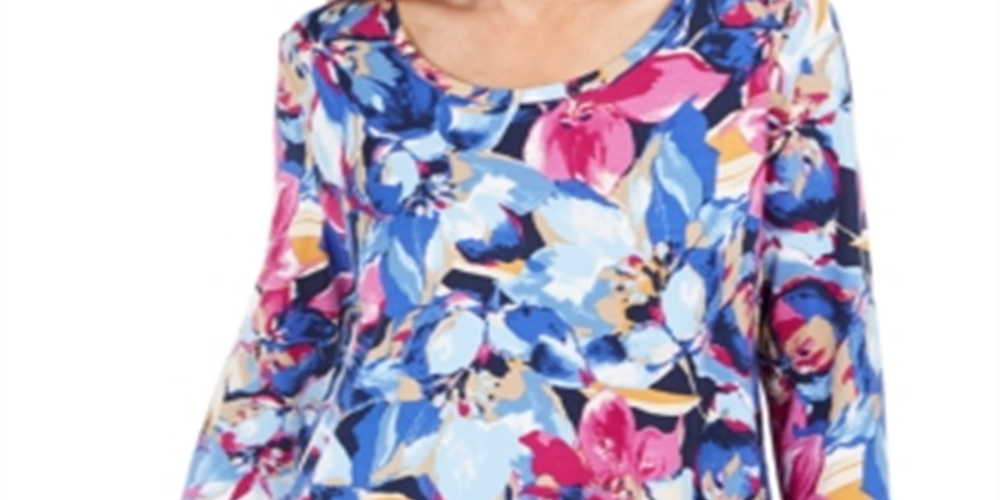 Camiseta feminina estampada Ascension Flora com manga 3/4, tamanho XS, azul, da coleção JM