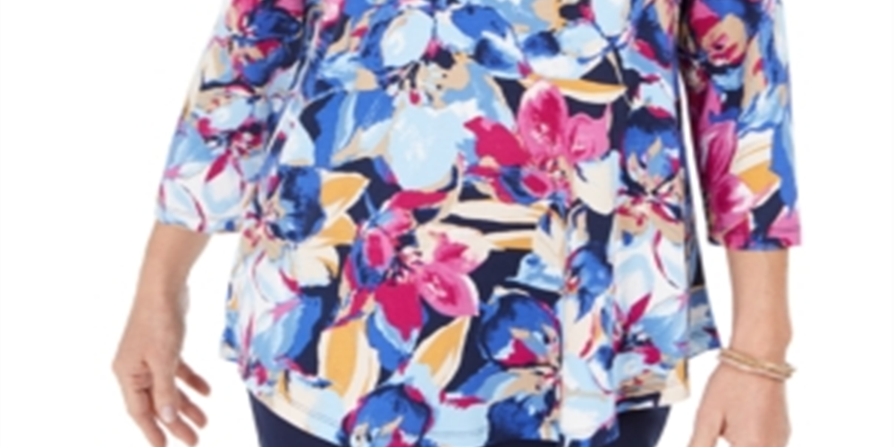 Camiseta feminina estampada Ascension Flora com manga 3/4, tamanho XS, azul, da coleção JM