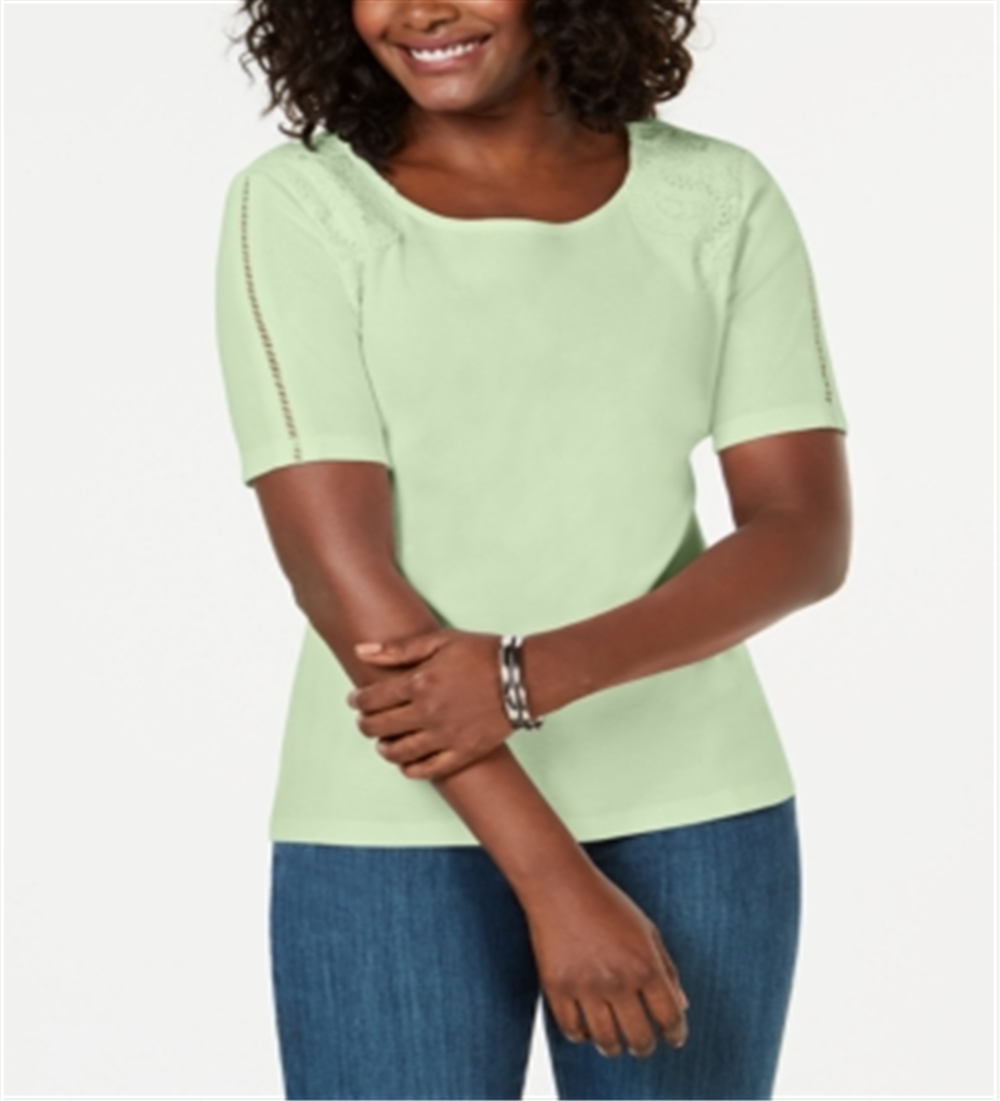 Camiseta feminina Karen Scott com apliques de renda e algodão, verde aloe, tamanho pequeno G