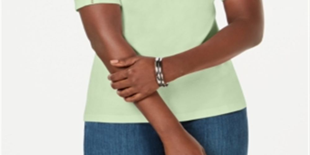Camiseta feminina Karen Scott com apliques de renda e algodão, verde aloe, tamanho pequeno G