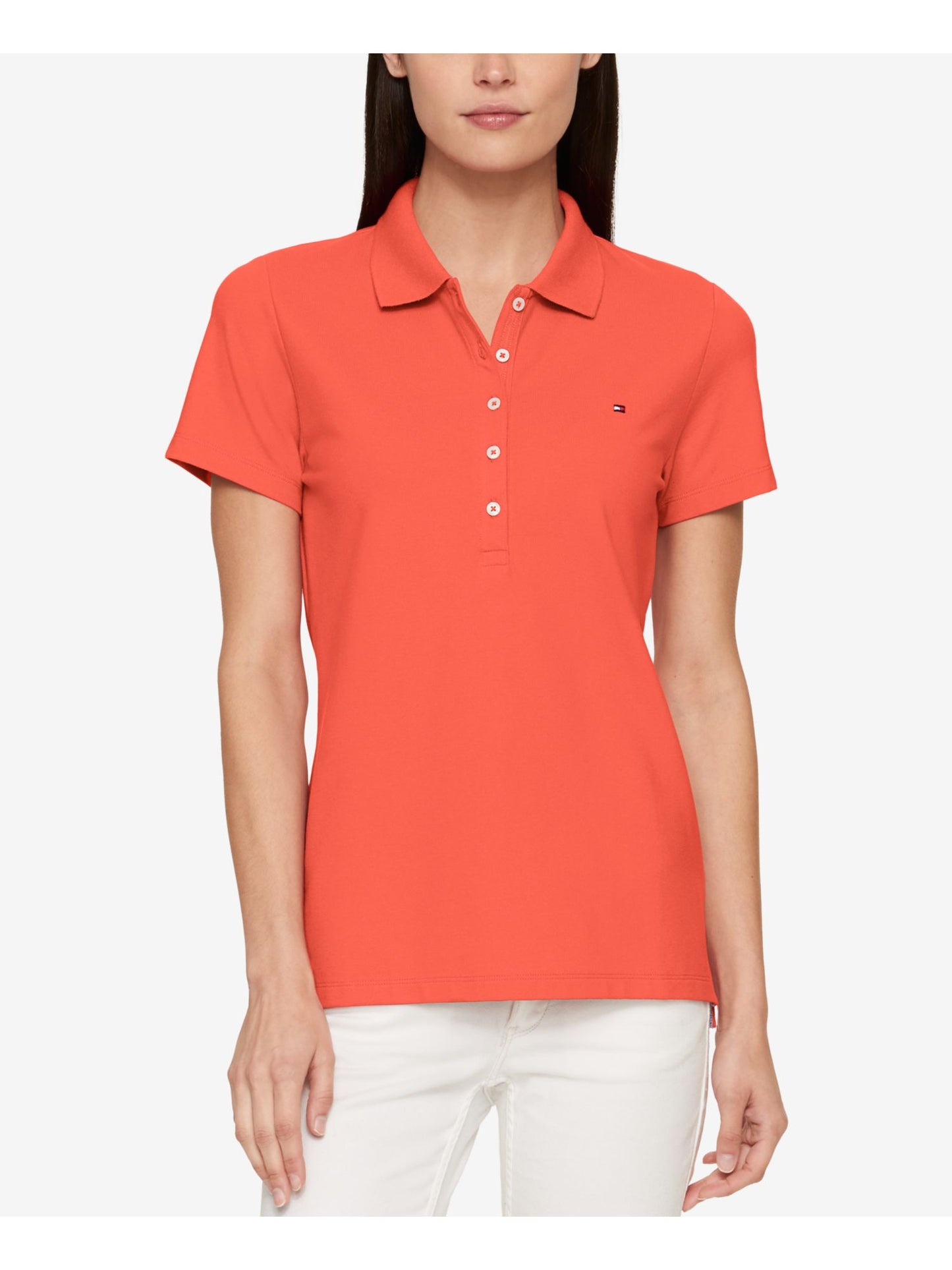 Tommy Hilfiger Blusa Feminina Manga Curta com Botões e Gola Vermelha Tamanho Médio