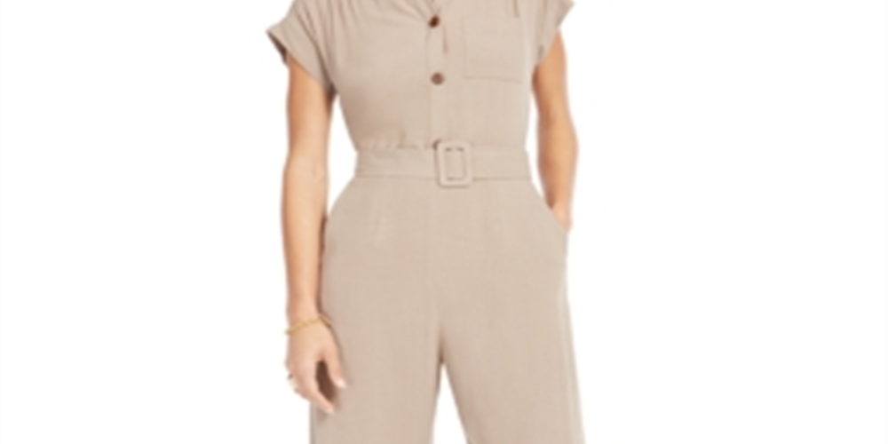 Macacão feminino Monteau com botões frontais em mistura de linho e pernas largas, marrom, tamanho pequeno grande